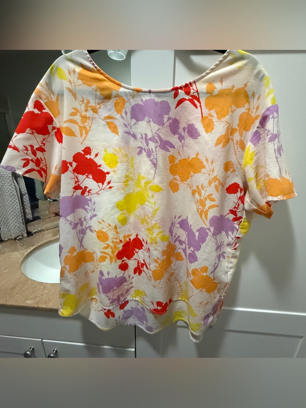 Peter Som XL Floral Scoop Neck Women's Top in Cream with Multicolor Blooms